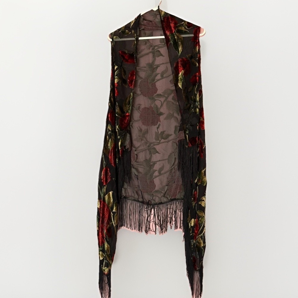 Sheer Velvet Burnout Floral Fringe Kimono Duster Black Whimsigoth Festival - Picture 5 of 6